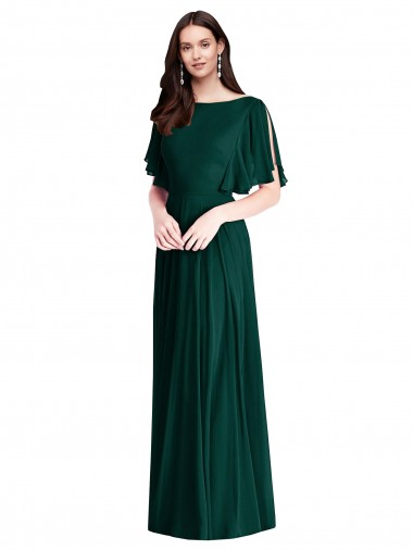Bell Sleeves Bateau Neck V-Back Soft Chiffon A-Line Semi Formal Evening Dress Online