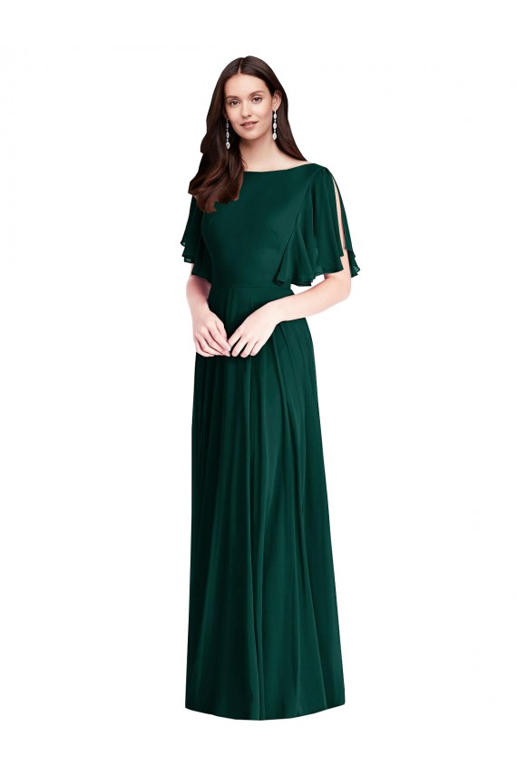 Bell Sleeves Bateau Neck V-Back Soft Chiffon A-Line Semi Formal Evening Dress Online
