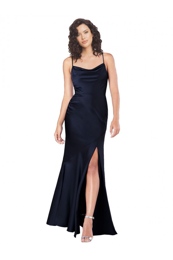 Sleeveless Cowl Neck Silky Satin A-Line Black Tie Evening Dress Online