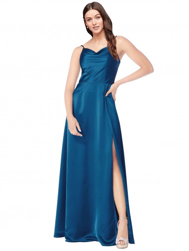 Sleeveless Peacock Blue Spaghetti Straps Low Back Silky Satin A-Line Formal Evening Dress Online