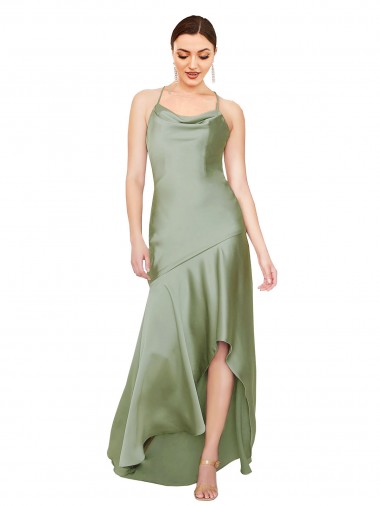 Sleeveless Cowl Neck Criss Cross Open Back Silky Satin A-Line High Low Evening Dress Online