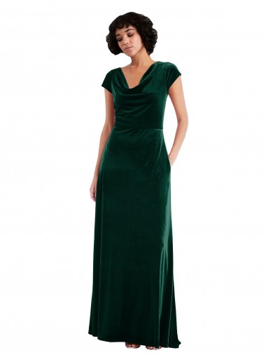 Cap Sleeves Cowl Neck Stretch Velvet A-Line Black Tie Evening Dress Online