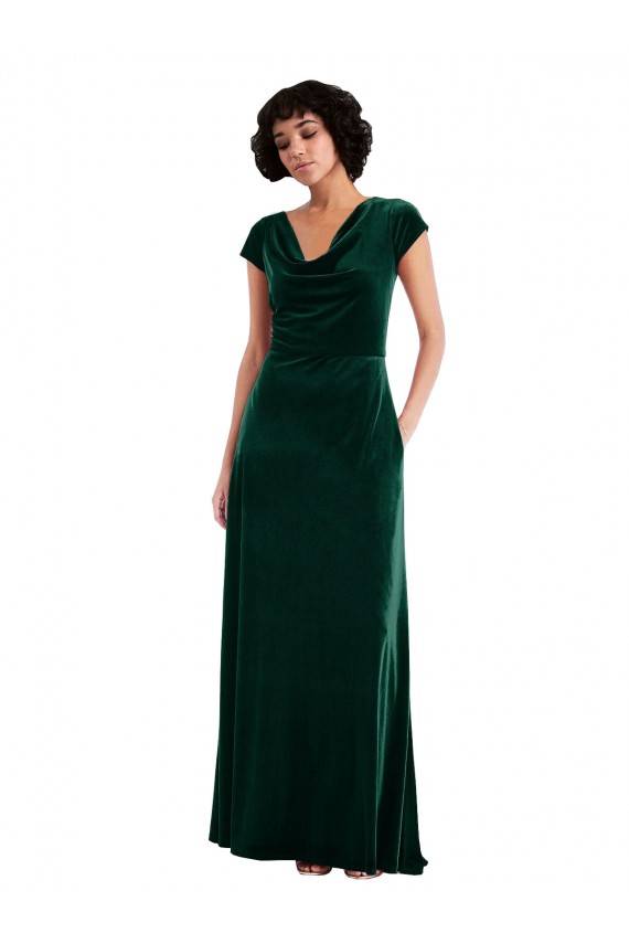 Cap Sleeves Cowl Neck Stretch Velvet A-Line Black Tie Evening Dress Online