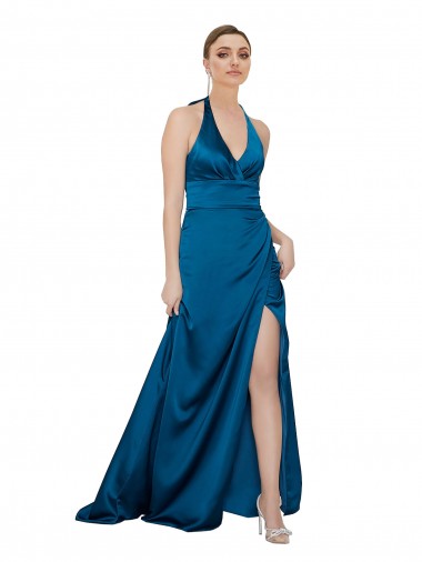 Sleeveless Halter Neck Open Back Silky Satin A-Line Formal Evening Dress Online