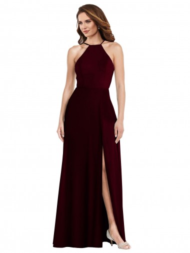 Sleeveless Burgundy Gold Spaghetti Straps Low Back Soft Chiffon A-Line Semi Formal Evening Dress Online