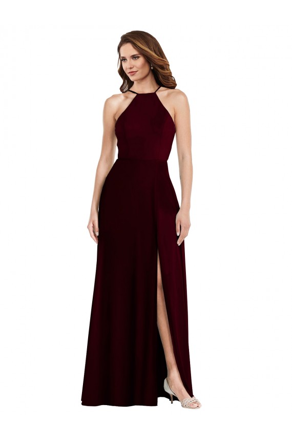 Sleeveless Burgundy Gold Spaghetti Straps Low Back Soft Chiffon A-Line Semi Formal Evening Dress Online