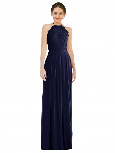 Sleeveless Dark Navy Halter Neck Open Back Soft Chiffon A-Line Semi Formal Evening Dress Online