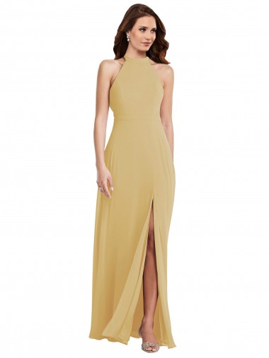Sleeveless Halter Neck Criss Cross Open Back Soft Chiffon A-Line Semi Formal Evening Dress Online