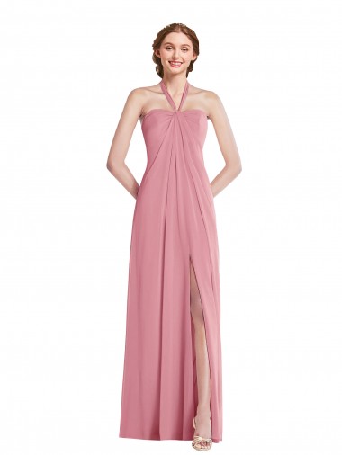 Sleeveless Skin Pink Halter Neck Open Back Soft Chiffon A-Line Semi Formal Evening Dress Online