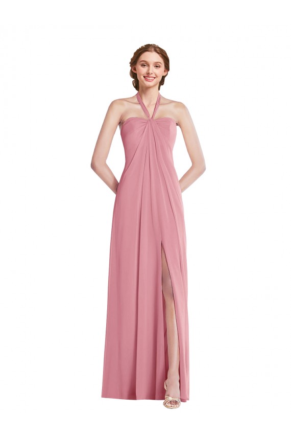 Sleeveless Skin Pink Halter Neck Open Back Soft Chiffon A-Line Semi Formal Evening Dress Online
