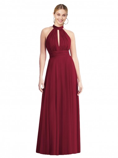 Sleeveless Burgundy Halter Neck Open Back Soft Chiffon A-Line Semi Formal Evening Dress Online