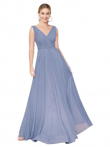 Sleeveless Dusty Blue V-Neck V-Back Soft Chiffon A-Line Formal Evening Dress Online