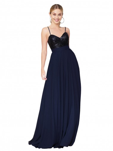 Sleeveless Spaghetti Straps Soft Chiffon & Sequin A-Line Semi Formal Evening Dress Online