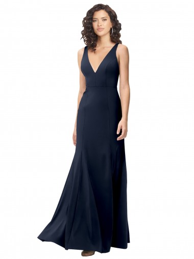 Sleeveless Dark Navy V-Neck V-Back Stretch Crepe A-Line Formal Dress Online