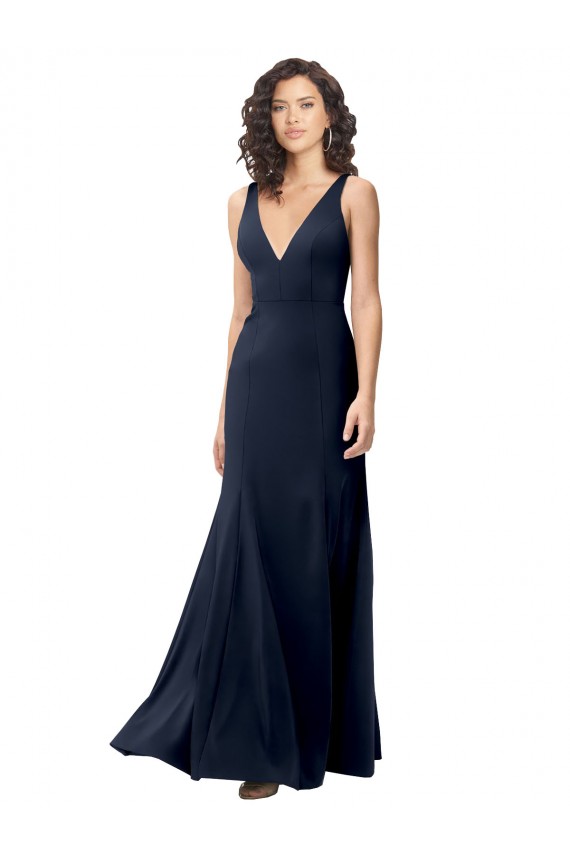 Sleeveless Dark Navy V-Neck V-Back Stretch Crepe A-Line Formal Dress Online
