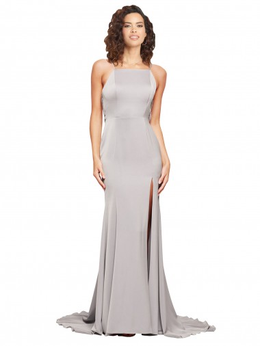 Sleeveless High Neck Low Back Stretch Satin A-Line Formal Evening Dress Online