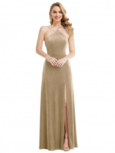 Sleeveless Halter Neck Open Back Stretch Velvet A-Line Semi Formal Evening Dress Online