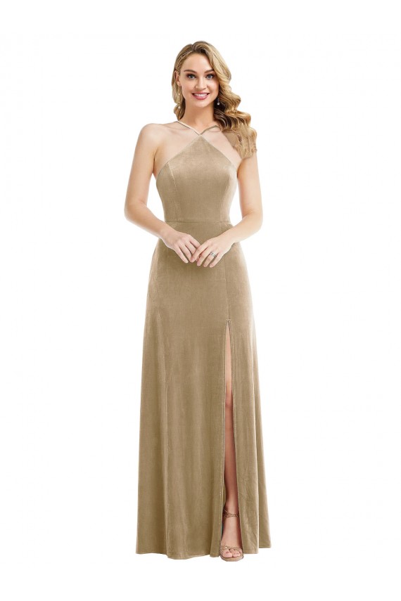 Sleeveless Halter Neck Open Back Stretch Velvet A-Line Semi Formal Evening Dress Online