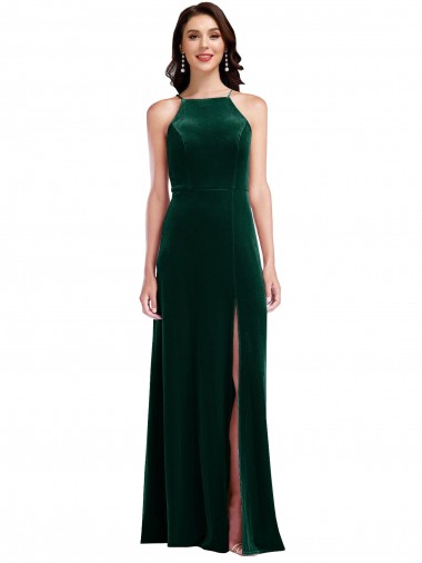 Sleeveless Halter Neck Stretch Velvet A-Line Semi Formal Evening Dress Online