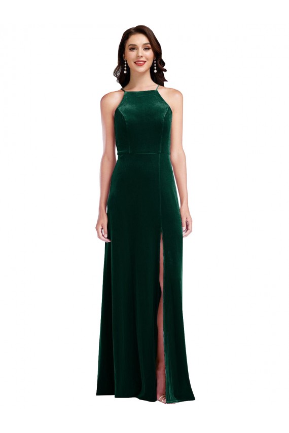 Sleeveless Halter Neck Stretch Velvet A-Line Semi Formal Evening Dress Online