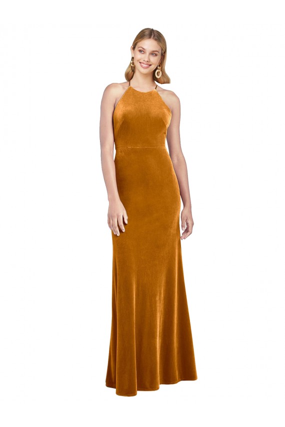 Sleeveless Halter Neck Criss Cross Open Back Stretch Velvet A-Line Formal Evening Dress Online