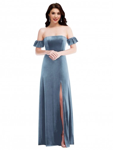 Ruffle Sleeves Off the Shoulder Low Back Stretch Velvet A-Line Formal Dress Online