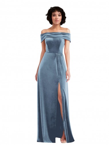 Sleeveless Dusty Blue Off the Shoulder Stretch Velvet A-Line Semi Formal Evening Dress Online