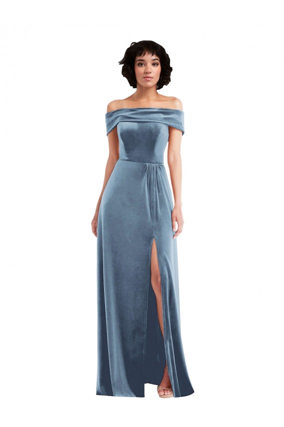 Sleeveless Dusty Blue Off the Shoulder Stretch Velvet A-Line Semi Formal Evening Dress Online