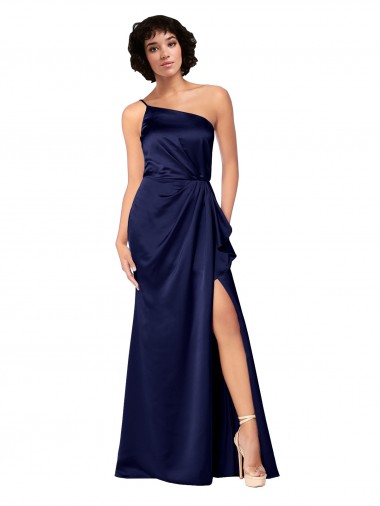 Sleeveless Sapphire One Shoulder Silky Satin A-Line Black Tie Evening Dress Online
