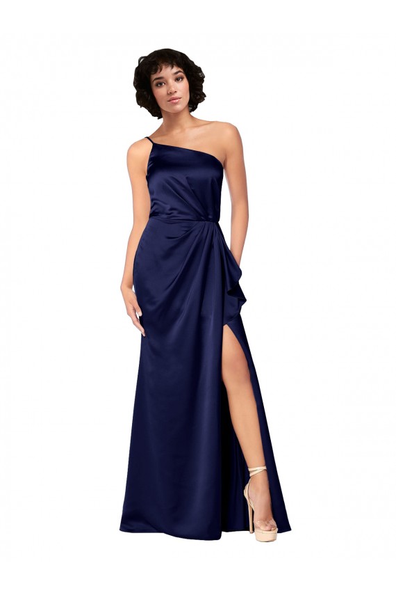 Sleeveless Sapphire One Shoulder Silky Satin A-Line Black Tie Evening Dress Online
