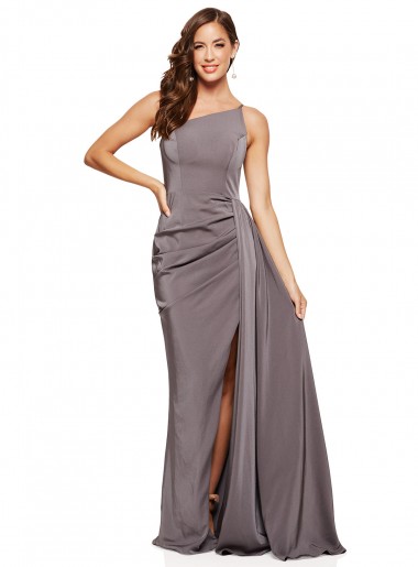 Sleeveless Slate Grey One Shoulder Silky Satin A-Line Formal Evening Dress Online