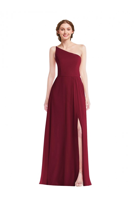 Sleeveless Burgundy One Shoulder Soft Chiffon A-Line Semi Formal Evening Dress Online