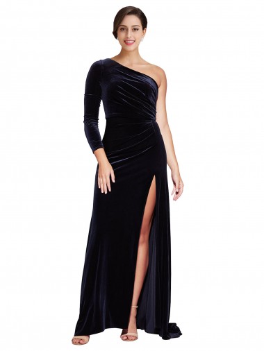 Long Sleeves One Shoulder Stretch Velvet A-Line Formal Evening Dress Online