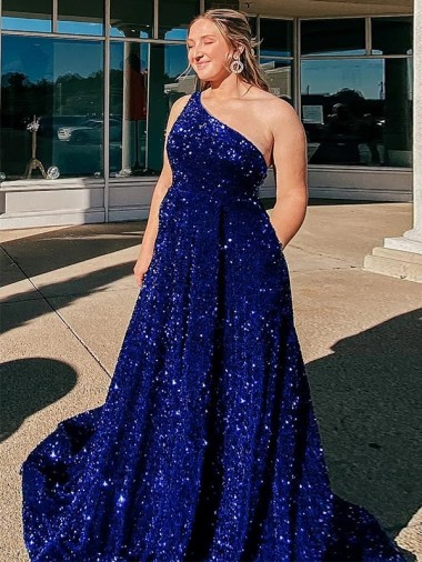 Sleeveless One Shoulder Velvet Sequin A-Line Evening Dress Online