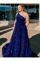 Sleeveless One Shoulder Velvet Sequin A-Line Evening Dress Online