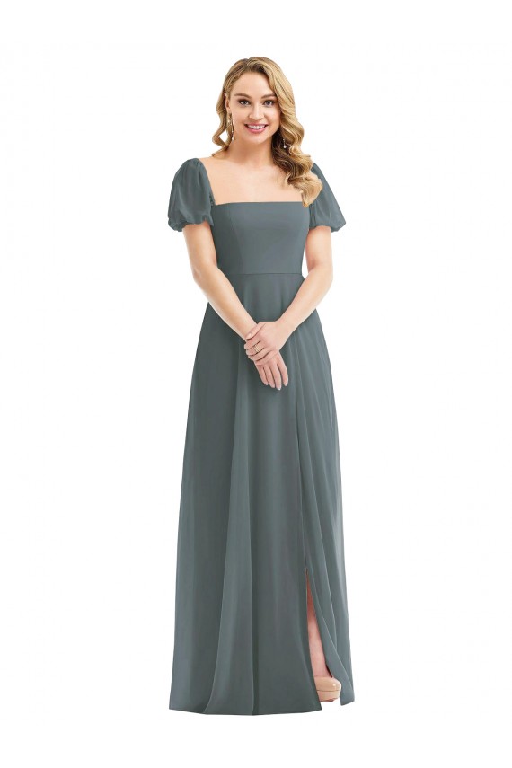 Puff Sleeves Square Neck Soft Chiffon A-Line Semi Formal Evening Dress Online