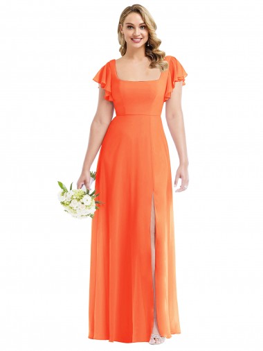 Flutter Sleeves Square Neck Open Back Soft Chiffon A-Line Semi Formal Evening Dress Online