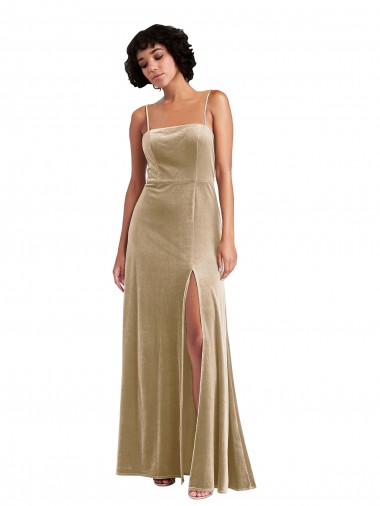 Sleeveless Square Neck Low Back Stretch Velvet A-Line Formal Evening Dress Online