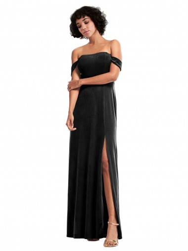 Sleeveless Black Off the Shoulder Stretch Velvet A-Line Formal Evening Dress Online