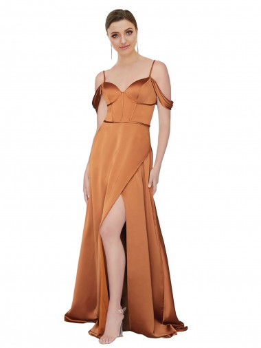 Cold Shoulder Spaghetti Straps Low Back Silky Satin A-Line Formal Evening Dress Online