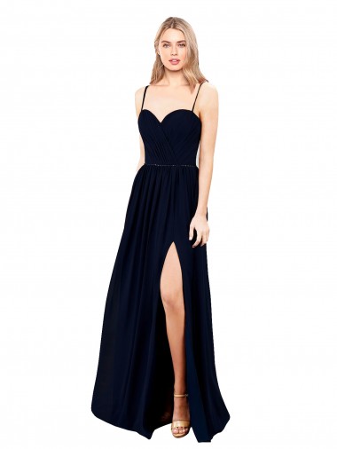 Sleeveless Dark Navy Spaghetti Straps Soft Chiffon A-Line Formal Evening Dress Online