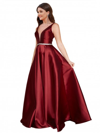 Sleeveless V-Neck V-Back Satin A-Line Plus Size Formal Evening Dress Online