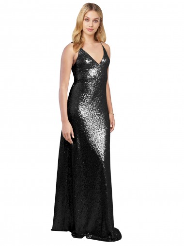 Sleeveless Spaghetti Straps V-Back Sequin A-Line Formal Evening Dress Online