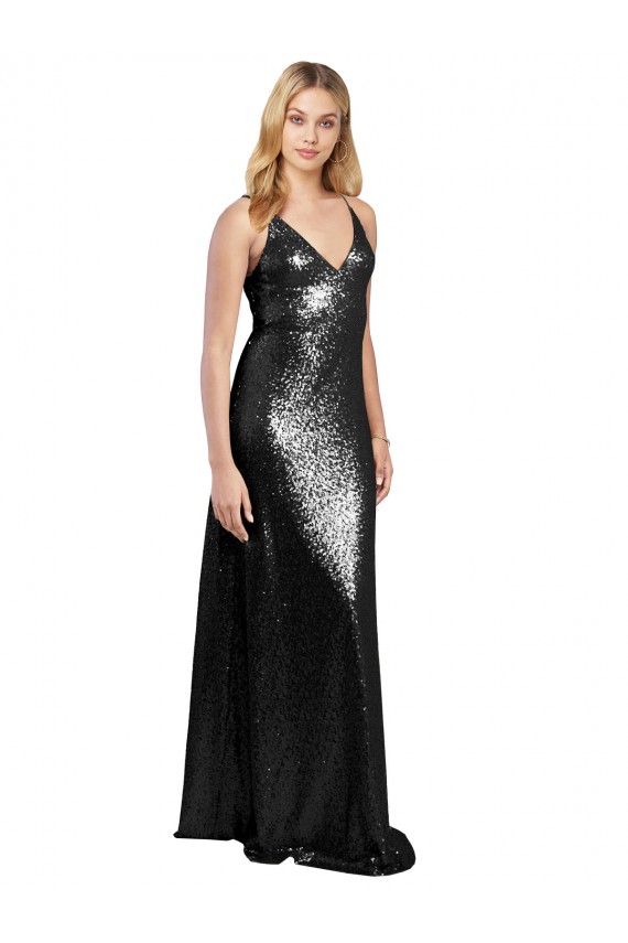 Sleeveless Spaghetti Straps V-Back Sequin A-Line Formal Evening Dress Online