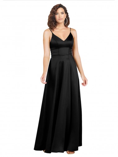 Sleeveless Black V-Neck V-Back Silky Satin A-Line Formal Evening Dress Online