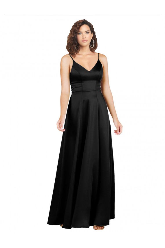 Sleeveless Black V-Neck V-Back Silky Satin A-Line Formal Evening Dress Online