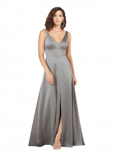 Sleeveless Pearl Grey V-Neck Silky Satin A-Line Formal Evening Dress Online