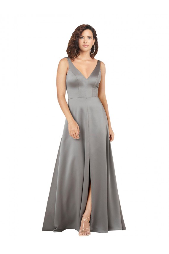 Sleeveless Pearl Grey V-Neck Silky Satin A-Line Formal Evening Dress Online