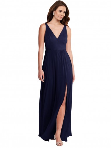 Sleeveless Dark Navy V-Neck V-Back Soft Chiffon A-Line Black Tie Evening Dress Online