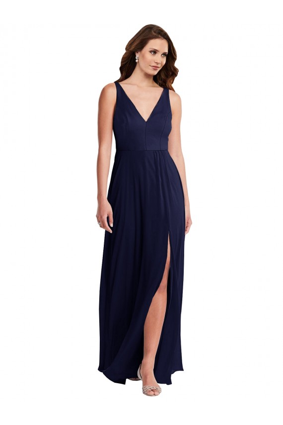 Sleeveless Dark Navy V-Neck V-Back Soft Chiffon A-Line Black Tie Evening Dress Online